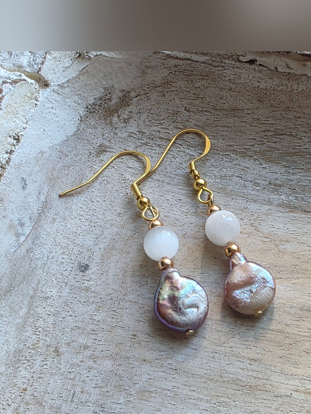 NEW Gold-Tone Freshwater Pearl Tear Drop Hook Earrings with Selenite Bead